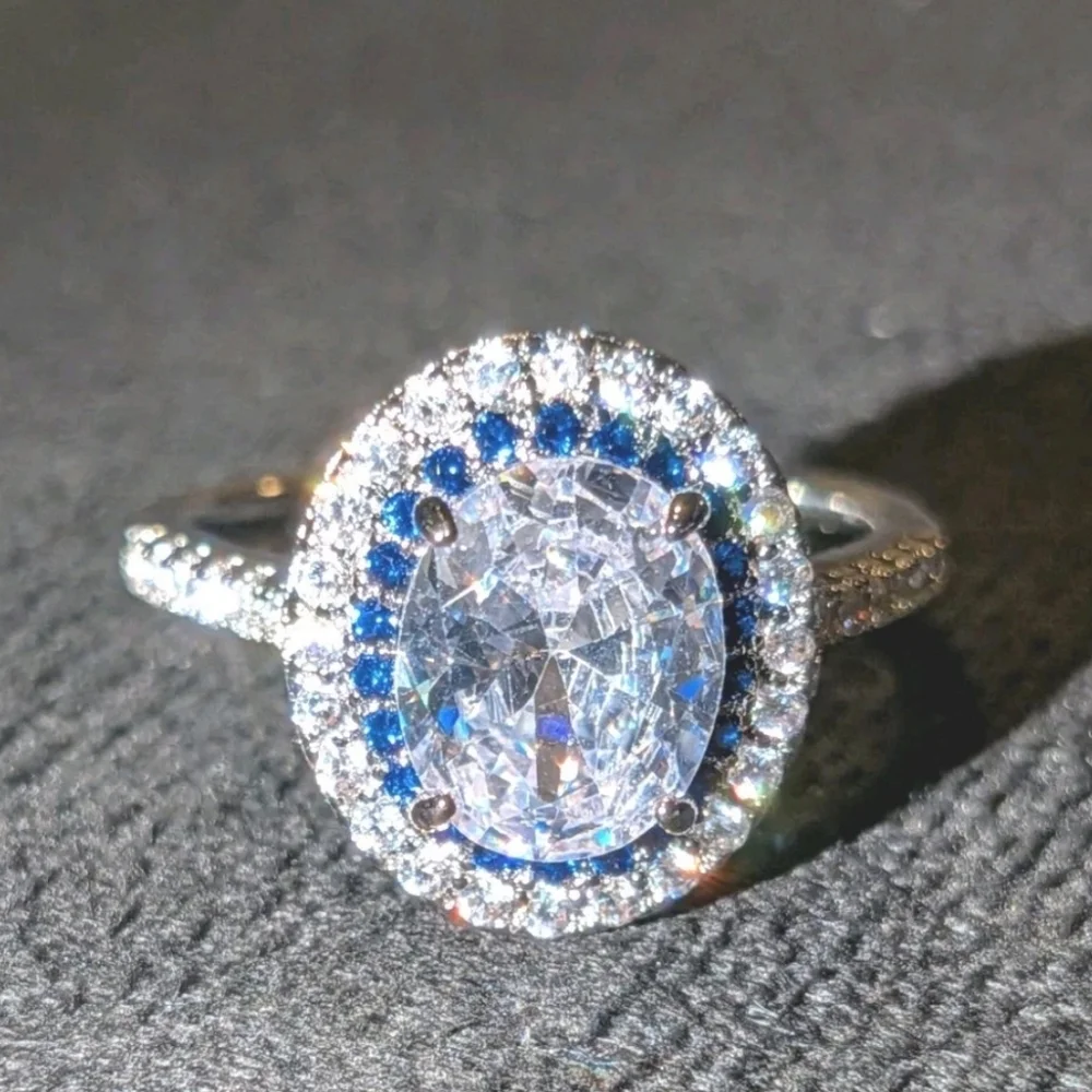 3Ct 925 Silver Oval Cut Blue Halo White Diamond Simulated Engagement Ring  Sz 10
